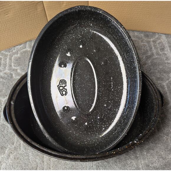 GHC Enamelware Turkey Roaster Lid 16x12x4 BLACK WHITE SPECK USA - Picture 3 of 14